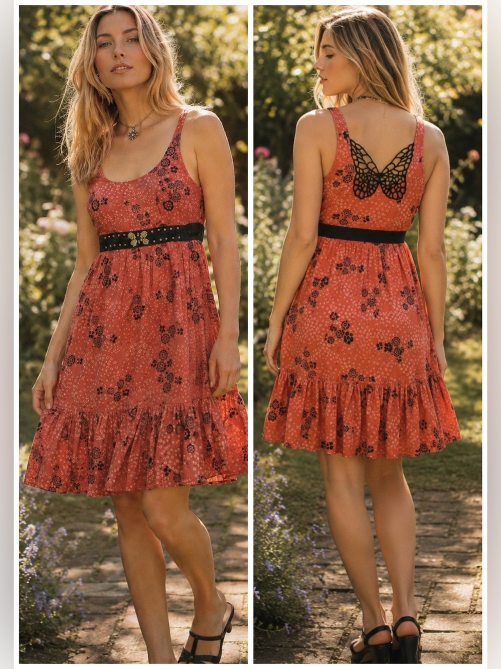 Vintage Free People Y2K Beaded Butterfly Midi Dress Orange Floral 90s Size 2